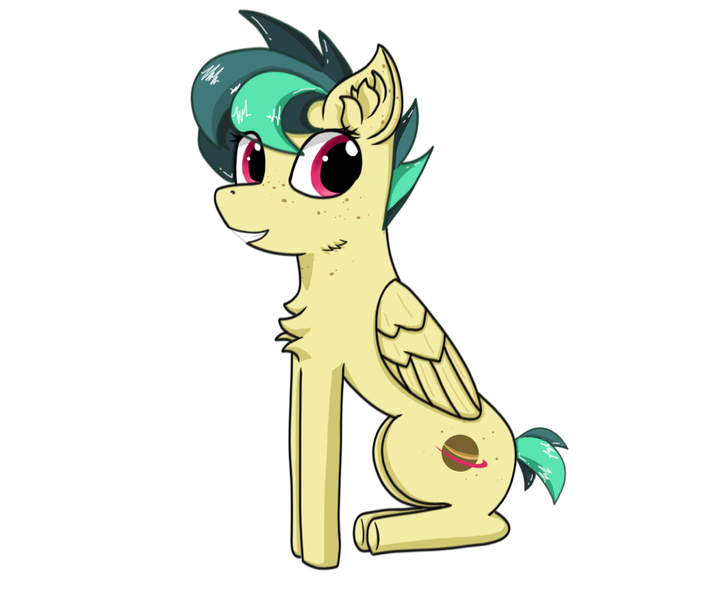 Size: 975x828 | Tagged: safe, artist:nismorose, derpibooru import, oc, oc:apogee, pegasus, pony, chest fluff, ear fluff, eye clipping through hair, eye lashes, female, filly, fluffy, foal, freckles, grin, image, jpeg, short tail, simple background, sitting, smiling, spiky hair, tail, white background, wings