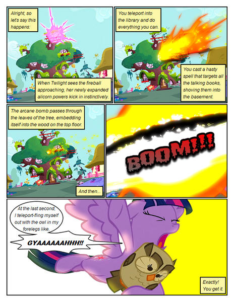 Size: 612x792 | Tagged: safe, artist:newbiespud, derpibooru import, edit, edited screencap, screencap, owlowiscious, twilight sparkle, twilight sparkle (alicorn), alicorn, bird, owl, pony, comic:friendship is dragons, twilight's kingdom, blast, building, comic, dialogue, explosion, female, fire, flying, image, magic, magic beam, magic blast, mare, outdoors, png, screencap comic