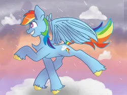 Size: 1440x1080 | Tagged: safe, artist:flower-black, derpibooru import, rainbow dash, pegasus, pony, cloud, eyebrows, eyebrows visible through hair, female, flying, grin, image, mare, png, rain, sky, smiling, solo, spread wings, wings