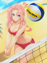 Size: 1020x1360 | Tagged: safe, derpibooru import, editor:sammykun, machine learning generated, novelai, stable diffusion, fluttershy, human, beach, bikini, breasts, busty fluttershy, cleavage, clothes, hands together, humanized, image, midriff, ocean, palm tree, png, sky, sports, swimsuit, tree, volleyball, volleyball net, water