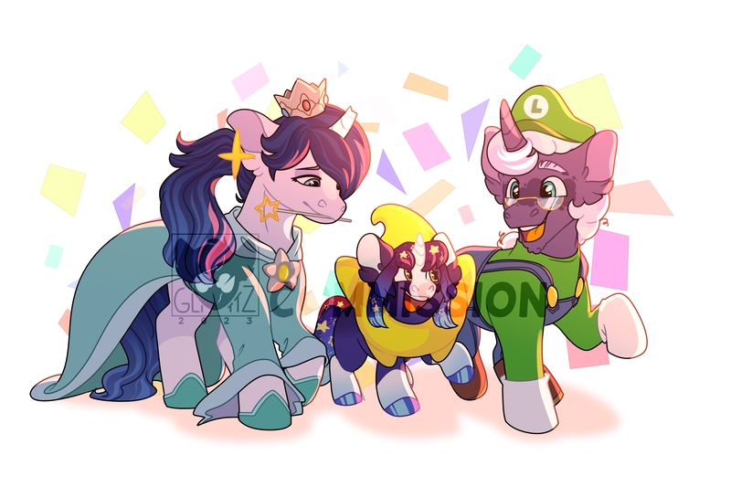 Size: 3000x2000 | Tagged: safe, artist:glitterstar2000, derpibooru import, oc, unofficial characters only, pony, unicorn, broken horn, cap, clothes, coat markings, commission, cosplay, costume, crown, dress, glasses, hat, horn, image, jewelry, jpeg, luigi, luigi's hat, luma, magic wand, mouth hold, obtrusive watermark, open mouth, open smile, overalls, princess rosalina, regalia, rosalina, simple background, smiling, socks (coat marking), super mario bros., trio, watermark, white background