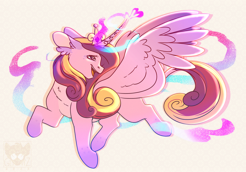 Size: 3000x2100 | Tagged: safe, artist:glitterstar2000, derpibooru import, princess cadance, alicorn, pony, ear fluff, female, head turn, high res, image, magic, mare, missing accessory, open mouth, open smile, png, smiling, solo, spread wings, wings