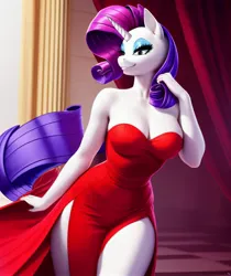 Size: 2576x3072 | Tagged: suggestive, derpibooru import, machine learning assisted, machine learning generated, purplesmart.ai, stable diffusion, rarity, anthro, breasts, clothes, dress, female, image, jpeg, red dress, sexy, side slit, solo, strapless, strapless dress