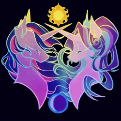 Size: 2048x2048 | Tagged: safe, artist:tkotu1, derpibooru import, starlight glimmer, twilight sparkle, twilight sparkle (alicorn), alicorn, pony, alicornified, black background, bust, crossed horns, duo, eyes closed, female, horn, horns are touching, image, jpeg, mare, race swap, simple background, starlicorn, sun, xk-class end-of-the-world scenario