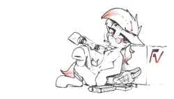 Size: 2934x1665 | Tagged: safe, artist:deafjaeger, derpibooru import, oc, oc:yara, unofficial characters only, earth pony, pony, augmented, bag, belly button, bondage, chest fluff, cyber legs, female, glasses, gun, hairpin, image, leaning, leaning back, lidded eyes, looking at each other, looking at someone, lying down, mare, png, rifle, smoking, solo, the chronicles of order, weapon