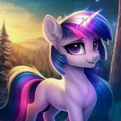 Size: 1280x1280 | Tagged: safe, derpibooru import, machine learning generated, novelai, stable diffusion, twilight sparkle, pony, unicorn, cute, female, forest, horn, image, jpeg, looking at you, mare, missing cutie mark, open mouth, open smile, outdoors, scenery, smiling, smiling at you, snow, solo, tree, unicorn twilight