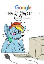 Size: 1077x1535 | Tagged: safe, artist:reddthebat, derpibooru import, rainbow dash, pegasus, pony, bust, chest fluff, computer, dent, dented dash, drool, ear fluff, female, google, image, jpeg, mare, mouth hold, one ear down, question mark, sharpie, simple background, solo, stupid, white background