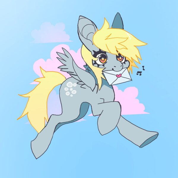 Size: 850x850 | Tagged: safe, artist:batthsalts, derpibooru import, derpy hooves, pegasus, pony, cloud, cute, cutie mark, derpabetes, envelope, female, flying, image, jpeg, letter, music notes, sky background, smiling, solo, spread wings, wings