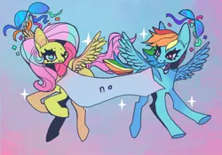 Size: 948x663 | Tagged: safe, artist:batthsalts, derpibooru import, fluttershy, rainbow dash, pegasus, pony, banner, confetti, duo, female, gradient background, image, jpeg, no, one eye closed, rearing, ribbon, smiling, sparkles, spread wings, text, wings, wink