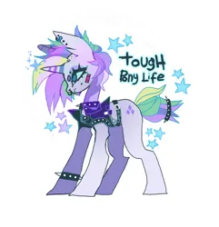 Size: 858x890 | Tagged: safe, artist:batthsalts, derpibooru import, rarity, pony, unicorn, it isn't the mane thing about you, season 7, alternate hairstyle, bandaid, beanbrows, bracelet, collar, cutie mark, ear piercing, earring, eyebrows, female, horn, image, jewelry, jpeg, nose piercing, nose ring, piercing, punk, raripunk, simple background, solo, sparkles, spikes, text, white background