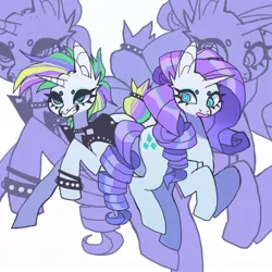 Size: 850x850 | Tagged: safe, artist:batthsalts, derpibooru import, rarity, pony, abstract background, alternate hairstyle, beanbrows, bracelet, clothes, collar, cutie mark, duality, duo, eyebrows, female, grin, horn, image, jewelry, jpeg, punk, raised hoof, raripunk, self paradox, self ponidox, smiling, studs, zoom layer