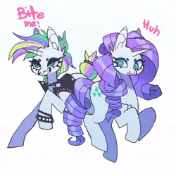 Size: 850x850 | Tagged: safe, alternate version, artist:batthsalts, derpibooru import, rarity, pony, alternate hairstyle, beanbrows, bracelet, clothes, collar, cutie mark, duality, duo, eyebrows, female, grin, horn, image, jewelry, jpeg, punk, raised hoof, raripunk, self paradox, self ponidox, simple background, smiling, speech, studs, talking, text, white background