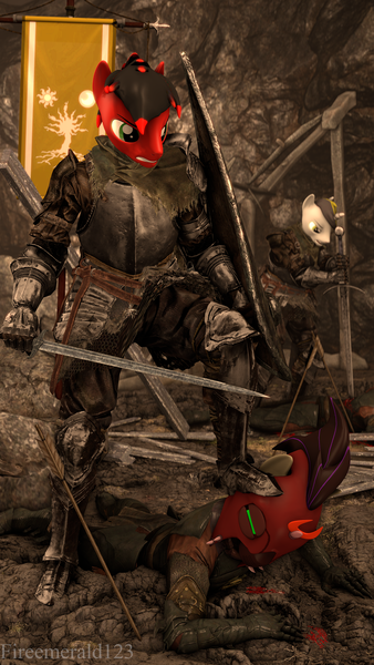 Size: 2160x3840 | Tagged: semi-grimdark, artist:fireemerald123, derpibooru import, tree of harmony, oc, oc:clockwork scroll, oc:page feather, unofficial characters only, anthro, 3d, armor, arrow, banner, blood, helmet, image, mind control, png, shield, sombra soldier, source filmmaker, sword, war, watermark, weapon