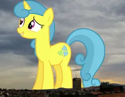 Size: 2048x1594 | Tagged: safe, artist:cloudyglow, derpibooru import, edit, editor:jaredking779, lemon hearts, pony, unicorn, background pony, bulgaria, burgas, female, giant pony, giant unicorn, giantess, highrise ponies, image, irl, jpeg, macro, mare, mega giant, photo, ponies in real life, solo