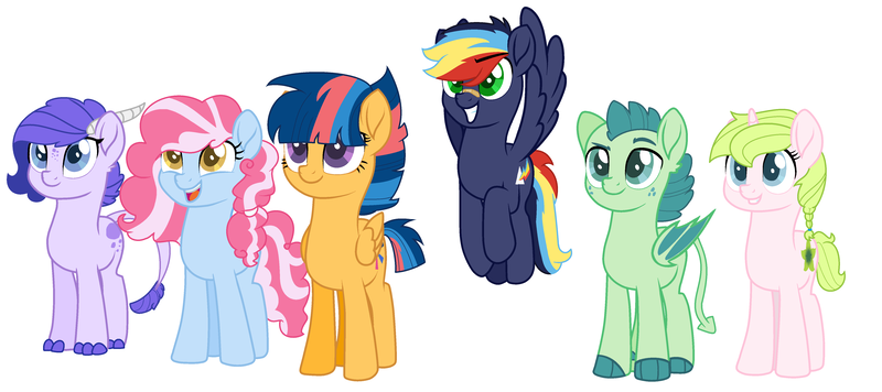 Size: 4792x2132 | Tagged: safe, artist:zoeytrent113, derpibooru import, oc, oc:anthea, oc:cotton candy, oc:crystal clarity, oc:prism bolt, oc:starburst, oc:turquoise blitz, unofficial characters only, dracony, earth pony, hybrid, pegasus, pony, unicorn, kilalaverse, adopted offspring, female, image, interspecies offspring, male, mare, offspring, parent:flash sentry, parent:fluttershy, parent:pinkie pie, parent:pokey pierce, parent:rainbow dash, parent:rarity, parent:soarin', parent:spike, parent:twilight sparkle, parents:flashlight, parents:pokeypie, parents:soarindash, parents:sparity, png, simple background, stallion, white background