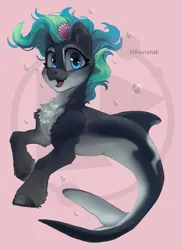 Size: 1055x1440 | Tagged: safe, artist:anoraknr, derpibooru import, oc, oc:marina (efnw), unofficial characters only, hybrid, merpony, orca, orca pony, original species, pony, seapony (g4), blue eyes, bubble, chest fluff, cute, digital art, everfree northwest, female, fish tail, flowing mane, flowing tail, green mane, image, jpeg, looking at you, mare, open mouth, open smile, pink background, seashell, signature, simple background, smiling, smiling at you, solo, swimming, tail, underwater, unshorn fetlocks, water