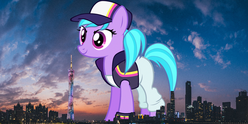 Size: 1600x800 | Tagged: safe, artist:chrzanek97, derpibooru import, edit, editor:jaredking779, azure velour, earth pony, pony, background pony, baseball cap, cap, china, clothes, female, giant pony, giantess, guangzhou, hat, highrise ponies, image, irl, jpeg, macro, mare, pants, photo, ponies in real life, solo