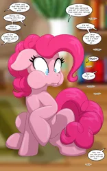 Size: 1250x2000 | Tagged: safe, artist:runningtoaster, derpibooru import, pinkie pie, earth pony, pony, blurry background, cheek bulge, dialogue, eating, female, floppy ears, full mouth, human to pony, image, implied pinkie pie, male to female, mare, offscreen character, onomatopoeia, png, raised hoof, requested art, rule 63, shocked, shrunken pupils, solo, squatting, transformation, transformed, transgender transformation, twinning, unwilling, wide eyes