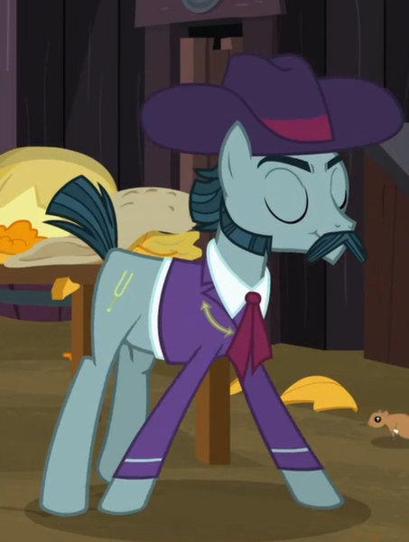 Size: 721x955 | Tagged: safe, derpibooru import, screencap, turner mccolt, earth pony, pony, season 5, the hooffields and mccolts, clothes, eyebrows, eyes closed, facial hair, hat, image, jpeg, male, mccolt family, moustache, sideburns, solo, stallion, suit