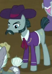 Size: 693x980 | Tagged: safe, derpibooru import, screencap, turner mccolt, earth pony, pony, the hooffields and mccolts, angry, clothes, eyebrows, facial hair, hat, image, jpeg, male, mccolt family, moustache, sideburns, stallion, suit