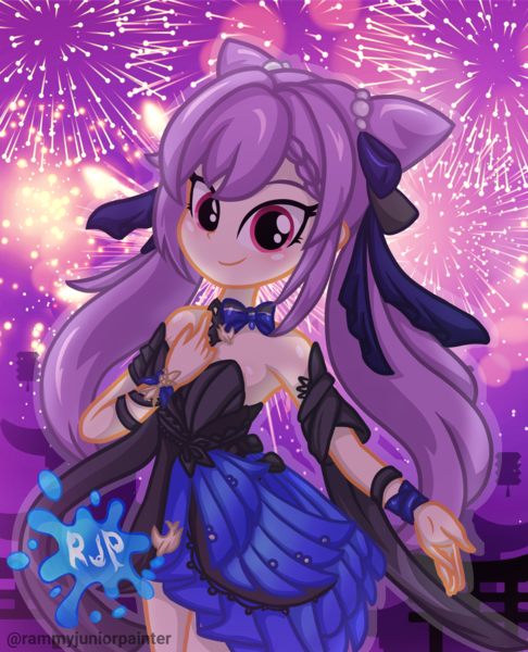 Size: 2015x2490 | Tagged: safe, artist:rjp.rammy, derpibooru import, human, equestria girls, clothes, crossover, equestria girls style, equestria girls-ified, fan, female, fireworks, formal, genshin impact, hand fan, image, keqing (genshin impact), outfit, png, solo