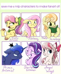 Size: 1250x1500 | Tagged: safe, artist:candy meow, derpibooru import, angel wings, fluttershy, junebug, posey (g5), princess luna, starlight glimmer, alicorn, earth pony, pegasus, pony, unicorn, six fanarts, angry, annoyed, book, bow, chest fluff, crown, ear fluff, female, floppy ears, g5, gradient background, grin, image, jewelry, looking back, looking sideways, male, mare, nervous, nervous grin, png, prince artemis, reading, regalia, rule 63, shaking, simple background, smiling, stallion, unshorn fetlocks