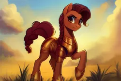 Size: 2304x1536 | Tagged: safe, derpibooru import, editor:siber, machine learning generated, purplesmart.ai, stable diffusion, oc, oc:honour bound, unofficial characters only, earth pony, pony, fanfic:everyday life with guardsmares, armor, armored pony, braid, cloud, female, grass, guardsmare, image, mare, png, raised hoof, royal guard, sky, solo, tail, tail wrap, tied mane