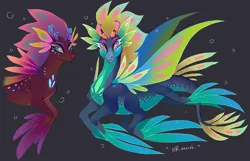 Size: 1673x1080 | Tagged: safe, artist:anoraknr, derpibooru import, oc, unofficial characters only, dragon, hybrid, merpony, original species, sea dragon, seapony (g4), black background, blue eyes, bubble, colored pupils, colored wings, digital art, dorsal fin, duo, eyelashes, eyeshadow, fin wings, fins, fish tail, flowing mane, flowing tail, horns, image, jpeg, looking at you, makeup, multicolored wings, ocean, pink eyes, signature, simple background, sketch, swimming, tail, underwater, water, wings