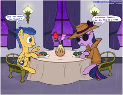 Size: 3300x2550 | Tagged: safe, artist:loreto-arts, derpibooru import, flash sentry, twilight sparkle, pony, chair, clothes, date, deviantart link, dinner, disguise, female, flashlight, flower, food, hat, image, incognito, male, night, png, rose, scrunchy face, shipping, speech bubble, straight, sunglasses, sweat, sweatdrop, table, tablecloth, trenchcoat, window