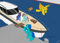 Size: 3508x2480 | Tagged: safe, artist:hugo231929, derpibooru import, oc, unofficial characters only, changeling, pegasus, unicorn, boat, image, orange changeling, png