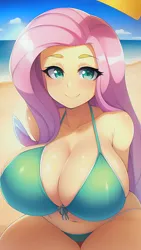 Size: 864x1536 | Tagged: suggestive, derpibooru import, editor:sammykun, machine learning generated, novelai, stable diffusion, fluttershy, human, beach, belly button, big breasts, bikini, breasts, busty fluttershy, chubby, close-up, clothes, humanized, image, looking at you, micro bikini, midriff, ocean, offscreen character, png, pov, sand, sky, smiling, smiling at you, swimsuit, thicc thighs, thick, thighs, water, wide hips