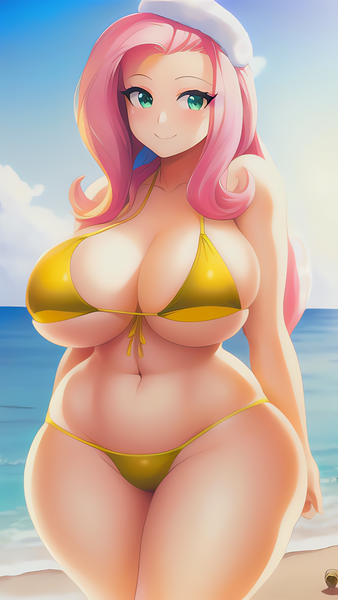 Size: 864x1536 | Tagged: suggestive, derpibooru import, editor:sammykun, machine learning generated, novelai, stable diffusion, fluttershy, human, beach, belly button, big breasts, bikini, breasts, busty fluttershy, clothes, humanized, image, looking at you, micro bikini, midriff, ocean, png, sand, sky, smiling, swimsuit, thicc thighs, thick, thighs, water, wide hips