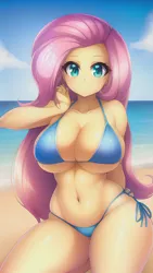 Size: 864x1536 | Tagged: suggestive, derpibooru import, editor:sammykun, machine learning generated, novelai, stable diffusion, fluttershy, human, beach, belly button, big breasts, bikini, breasts, busty fluttershy, clothes, humanized, image, looking at you, micro bikini, midriff, ocean, png, sand, sky, smiling, swimsuit, thicc thighs, thick, thighs, water, wide hips