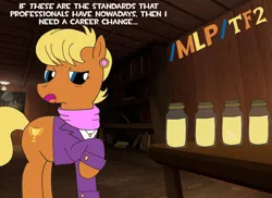 Size: 3507x2550 | Tagged: safe, derpibooru import, ms. harshwhinny, /mlp/ tf2 general, book, bookshelf, dialogue, image, jar, jarate, pee in container, png, team fortress 2, text, urine