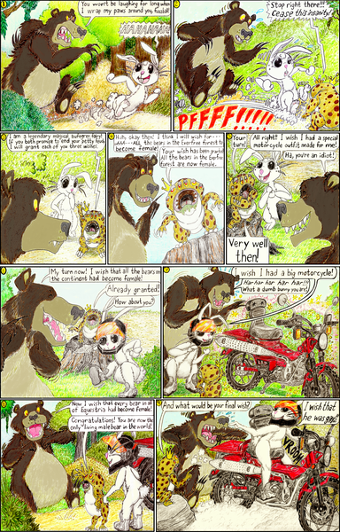 Size: 1990x3108 | Tagged: safe, artist:meiyeezhu, derpibooru import, angel bunny, harry, bear, bufogren, rabbit, my little pony: pony life, angry, animal, boots, bush, chase, clothes, comic, dialogue, drawing, forest, helmet, illustration, image, laughing, magic, motorcycle, motorcycle helmet, motorcycle outfit, no pony, outdoors, parody, png, pointing, riding, road, rock, shocked, shoes, smoke, surprised, talking, tree, tree stump, upset, wish