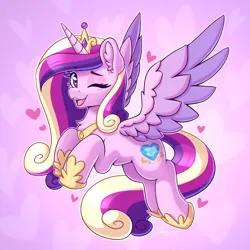 Size: 2480x2480 | Tagged: safe, artist:dandy, derpibooru import, princess cadance, alicorn, pony, chest fluff, crown, ear fluff, female, heart, high res, horn, image, jewelry, looking at you, one eye closed, open mouth, png, regalia, simple background, solo, wings, wink, winking at you
