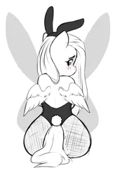 Size: 2000x3000 | Tagged: suggestive, artist:etoz, derpibooru import, fluttershy, pegasus, pony, rabbit, animal, bipedal, bunny ears, bunny suit, bunny tail, bunnyshy, butt, clothes, eyebrows, female, image, looking at you, looking back, looking back at you, mare, monochrome, png, shy, sketch, solo, tail, the ass was fat, wings, wip