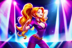 Size: 2304x1536 | Tagged: safe, derpibooru import, editor:siber, machine learning generated, purplesmart.ai, stable diffusion, adagio dazzle, human, equestria girls, clothes, concert, eyes closed, eyeshadow, female, humanized, image, makeup, miniskirt, open mouth, png, singing, skirt, solo, solo female