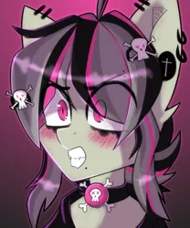 Size: 2000x2400 | Tagged: safe, artist:etoz, derpibooru import, oc, oc:gravel shine, unofficial characters only, bat pony, pony, angry, bat pony oc, bat wings, bust, choker, clothes, collar, ear piercing, earring, emo, eyebrow piercing, eyebrows, eyebrows visible through hair, fangs, gradient background, hairpin, image, jewelry, lip piercing, makeup, male, piercing, png, shy, sketch, skull, snake bites, solo, stallion, teeth, tsundere, wings