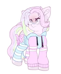 Size: 2000x2400 | Tagged: safe, artist:etoz, derpibooru import, oc, oc:kōyō, unofficial characters only, bat pony, pony, angry, bandaid, bandaid on nose, bat pony oc, bat wings, clothes, eyebrows, fangs, female, freckles, hoodie, image, looking at someone, mare, multicolored hair, multicolored mane, png, ribbon, simple background, socks, solo, striped socks, white background, wings