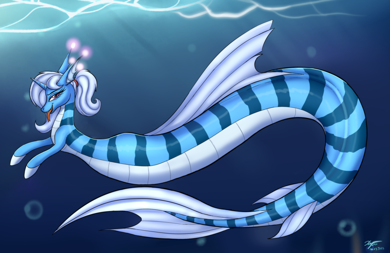Size: 2958x1919 | Tagged: safe, artist:xyi, derpibooru import, oc, oc:triksa, unofficial characters only, hybrid, lamia, original species, pony, seapony (g4), unicorn, bubble, crepuscular rays, digital art, dorsal fin, eyelashes, fangs, female, fins, fish tail, floppy ears, flowing tail, glow, high res, horn, image, lidded eyes, mare, ocean, open mouth, png, seaponified, seaweed, signature, species swap, sunlight, swimming, tail, teeth, underwater, water, white mane