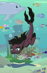 Size: 1634x2561 | Tagged: safe, artist:lightningbolt, derpibooru import, ponified, ponified:jordan fish, dolphin, eel, fish, pony, seapony (g4), .svg available, bring me the horizon, bubble, colored pupils, derpibooru exclusive, dorsal fin, facial hair, fins, fish tail, flowing mane, flowing tail, image, jewelry, lidded eyes, male, necklace, ocean, pearl necklace, png, scales, smiling, solo, swimming, tail, underwater, vector, water