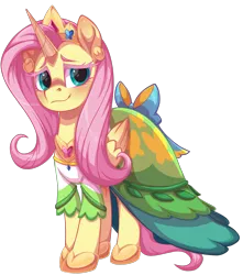 Size: 1671x1890 | Tagged: safe, artist:moonseeker, derpibooru import, fluttershy, alicorn, pony, clothes, crown, dress, female, horn, image, jewelry, mare, png, princess fluttershy, regalia, wings