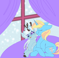 Size: 1645x1620 | Tagged: safe, artist:laceyscreations, derpibooru import, oc, oc:coco chaude, oc:skydreams, deer, pony, reindeer, unicorn, animated, base used, braid, commission, curtains, female, gif, image, sitting, snow, window, ych result