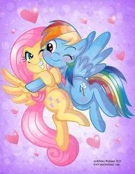 Size: 600x777 | Tagged: safe, artist:marybellamy, derpibooru import, fluttershy, rainbow dash, pegasus, blushing, cheek to cheek, cute, duo, duo female, female, floating heart, flutterdash, gradient background, heart, hug, image, jpeg, lesbian, looking at each other, looking at someone, one eye closed, one eye open, purple background, shipping, simple background, smiling, spread wings, wings