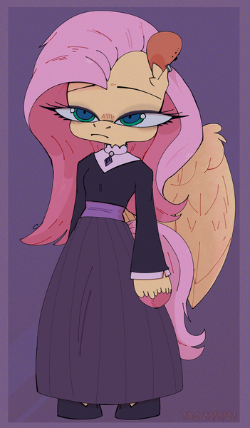 Size: 1377x2351 | Tagged: safe, artist:thealleycatc8, derpibooru import, fluttershy, anthro, pegasus, unguligrade anthro, arm hooves, clothes, dress, eyelashes, fluttergoth, goth, image, png, purple background, simple background, solo, unshorn fetlocks, wings