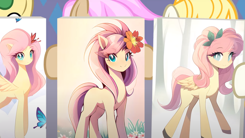Size: 1280x721 | Tagged: safe, artist:agrol, derpibooru import, fluttershy, huckleberry, strawberry scoop, sugar cookie, butterfly, insect, bust, cute, flower, flower in hair, friendship student, image, png, portrait, shyabetes, the element of kindness