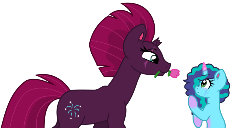 Size: 9381x5159 | Tagged: safe, artist:ejlightning007arts, artist:madzbases, derpibooru import, fizzlepop berrytwist, tempest shadow, pony, unicorn, g5, my little pony: make your mark, my little pony: the movie, base used, broken horn, coat markings, cute, flower, freckles, friendly, horn, image, misty brightdawn, png, scar, simple background, socks (coat marking), teary eyes, transparent background, vector, young misty, younger