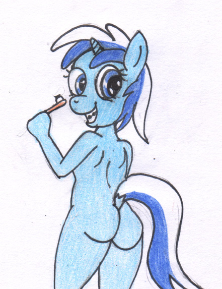 Size: 441x573 | Tagged: questionable, artist:rdk, banned from derpibooru, minuette, anthro, unicorn, age regression, ass, braces, butt, female, image, jpeg, lolicon, nudity, solo, traditional art, underage