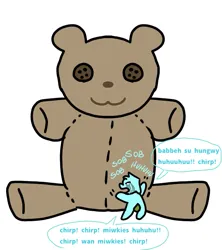 Size: 617x695 | Tagged: safe, derpibooru import, fluffy pony, pony, begging, blind, chirping, fluffy pony foal, foal, idiot, image, moron, plushie, png, sad, sobbing, starvation, teddy bear